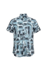 Suslo crinkled fabric short-sleeved shirt with teal and black abstract geometric pattern in lightweight fabric