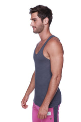 Dark gray textured cotton sustain tank with racerback design shown from the back side