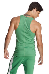 Green ribbed bamboo tank top showing the back with a central seam in bamboo green sustain tank top