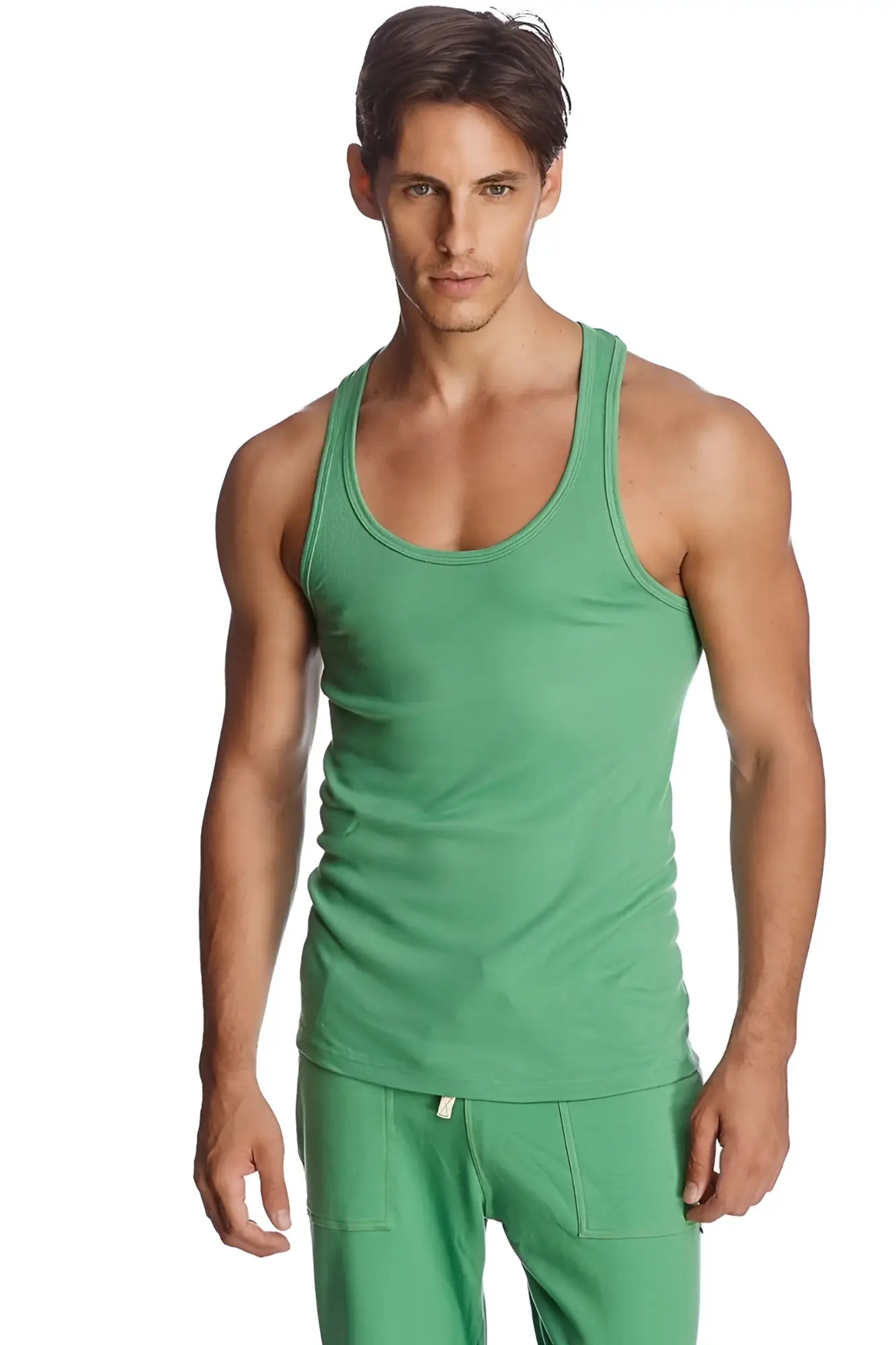 Green ribbed cotton tank top made from sustainable bamboo fabric perfect for casual summer wear