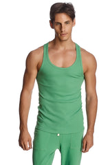 Green ribbed cotton tank top with scoop neckline and matching green pants from sustain tank top bamboo green collection