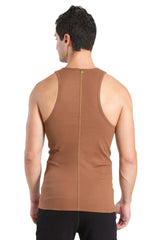 Back view of a tan ribbed cotton sustain tank top with a central zipper for easy wear and comfort