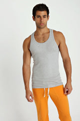 Gray heathered cotton sustain tank top with scoop neckline and ribbed hem for casual wear