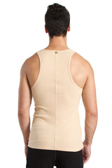 Beige stretchy men’s sustain tank top showing the back with a central seam down the middle