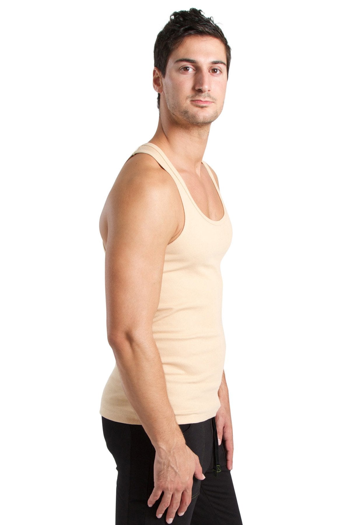 Beige cotton sustain tank top with simple fitted design in sand beige color