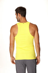Bright yellow sleeveless athletic tank top made from sustainable fabric designed for active wear in tropic yellow
