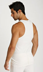 White sleeveless athletic tank top with a simple fitted design for sustainable activewear use