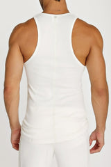 White sleeveless sustain tank top with fitted design and central back zipper for athletic use
