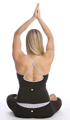 Black and gray crossback yoga set with elastic waistband shown from the back in the Sustain Yoga Halter collection