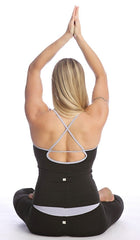 Black and gray crossback yoga set with elastic waistband shown from the back in the Sustain Yoga Halter collection
