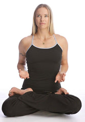 Black tank top sustain yoga halter with gray trim on straps ideal for comfortable yoga sessions