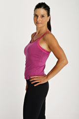 Sustain yoga halter plum is a vibrant magenta athletic tank top with racerback design and contrasting pink neckline trim