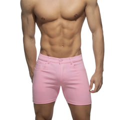 Pink denim svelte shorts with classic five-pocket design and button closure perfect for casual wear
