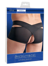 Black sheer mesh Svenjoyment boxer briefs with crisscross design and side cutouts in size large
