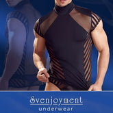 Black mesh and solid fabric men’s performance top with diagonal striped panels svenjoyment freestyle sheer high neck cropped tee size l