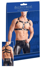 Black leather multi ring adjustable chest harness and matching pants set by svenjoyment size l/xl front view