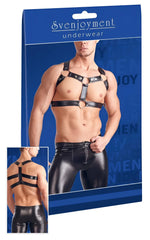 Black leather multi ring adjustable chest harness and matching pants set by svenjoyment size l/xl front view