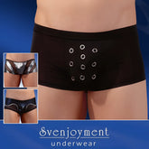 Black satin briefs with a row of silver grommets down the front from Svenjoyment Random Surprise boxer brief size L