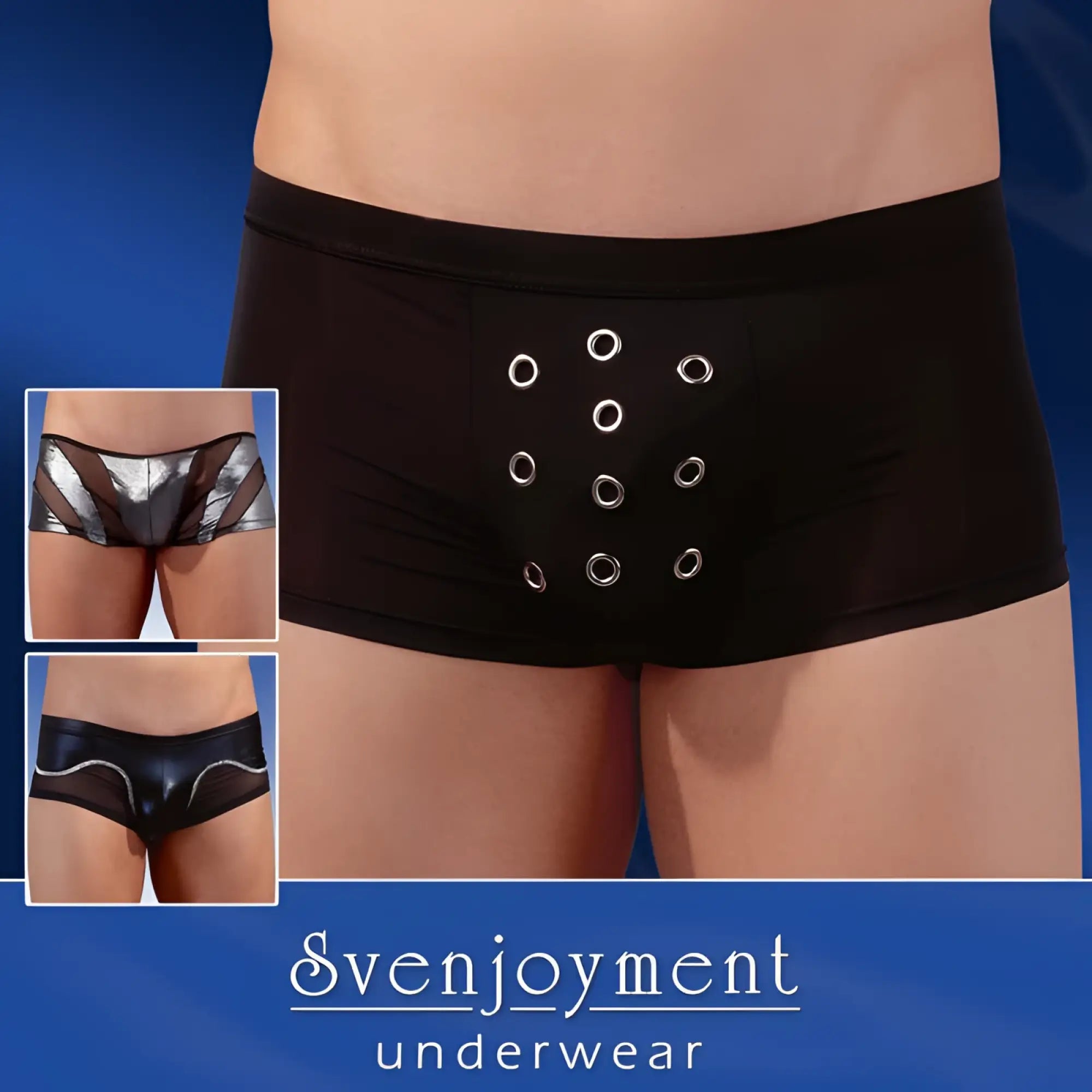 Black satin boxer briefs with silver grommets down the front svenjoyment random surprise underwear size m