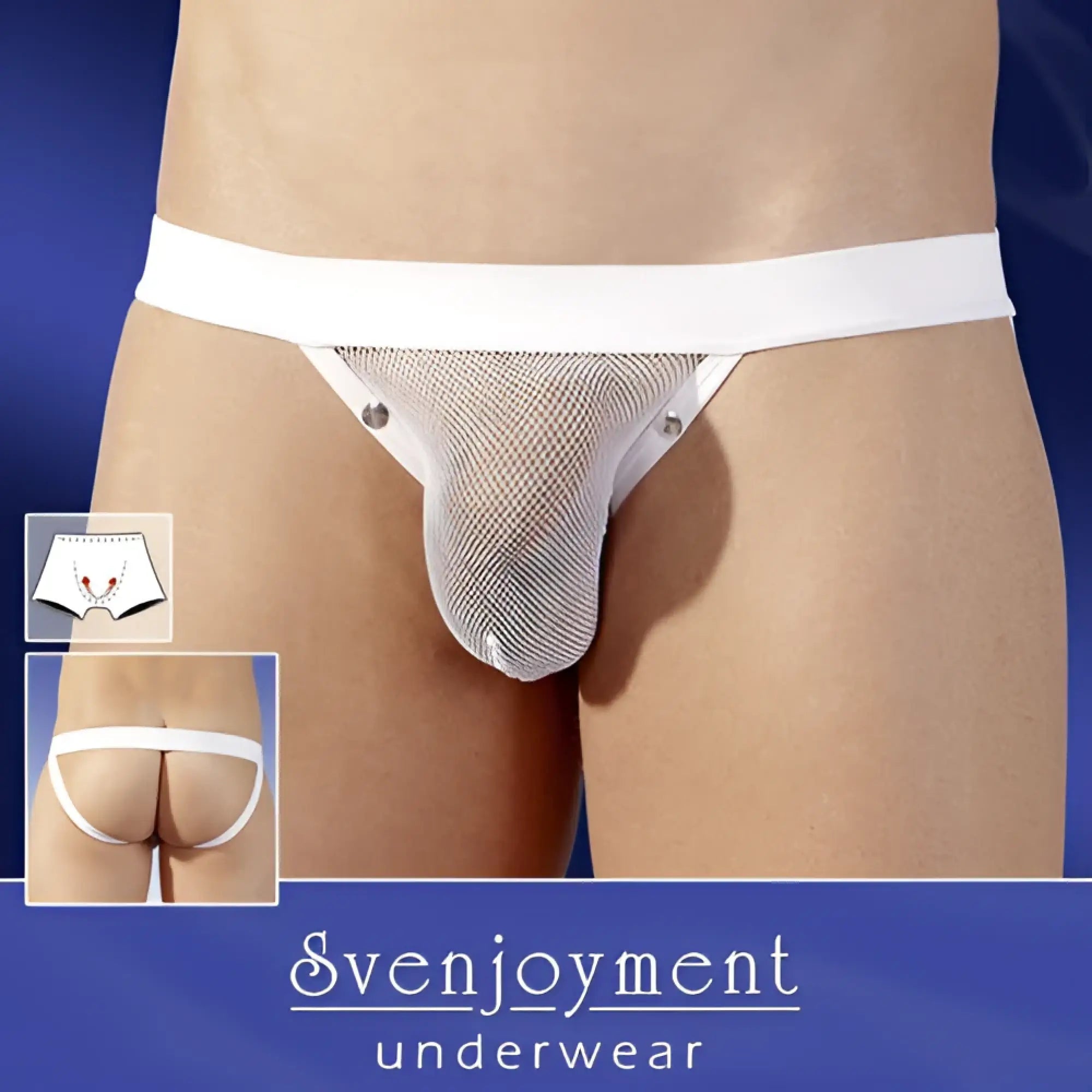 White svenjoyment rivets uplift net jock strap underwear with mesh thong, solid waistband, and silver snap buttons size l