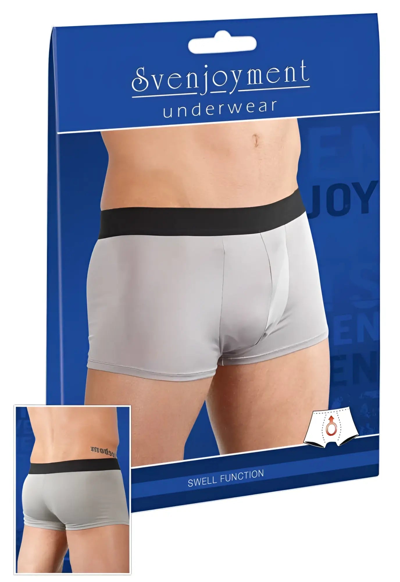 Gray svenjoyment swell microfibre boxer briefs with black elastic waistband in size medium front view