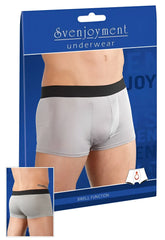 Gray svenjoyment swell microfibre boxer briefs with black elastic waistband in size medium front view