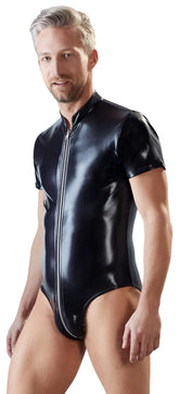 Black patent leather short-sleeved bodysuit with front zipper by Svenjoyment wetlook in size XL