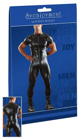 Svenjoyment black glossy latex men’s bodysuit with short sleeves and front zipper in size XL