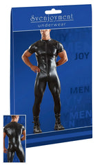 Svenjoyment black glossy latex men’s bodysuit with short sleeves and front zipper in size XL