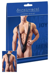 Black svenjoyment zipper matte wrestler bodysuit with deep v-back design and front zipper in size s/m