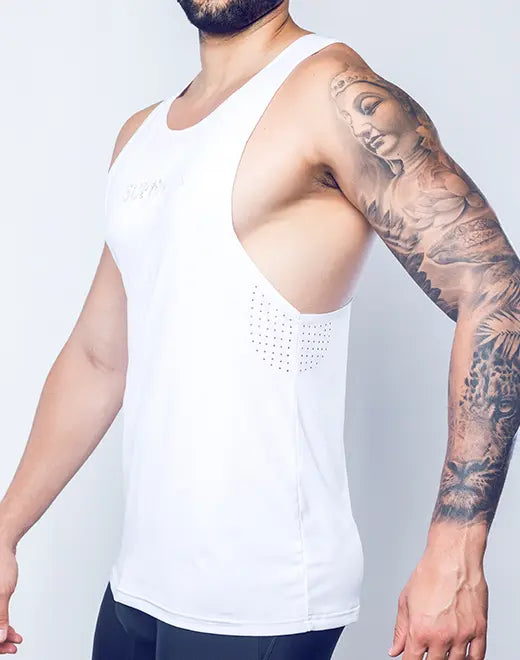 White athletic tank top spr y tank with perforated mesh panel on the side for breathable workout comfort