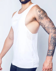 White athletic tank top spr y tank with perforated mesh panel on the side for breathable workout comfort