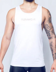 White supawear spr y-tank tank top with subtle mesh detailing on the sides made of breathable fabric