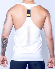 White spr y-tank athletic tank top with black rectangular back panel and vertical mesh running down center back