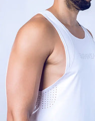 White SPR y-tank athletic tank top with perforated mesh side panels and gray sirius logo embroidery