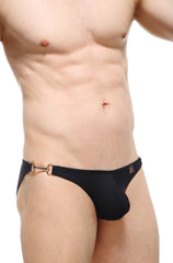 Black briefs from PetitQ Swim Bikini Conguel with gold-tone horsebit metal clasp on waistband for swimwear use