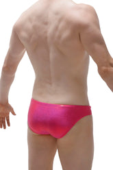 Bright pink metallic swim trunks from swim bikini gloss showcasing shiny metallic fabric perfect for beachwear