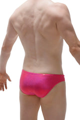 Bright pink metallic swim trunks from swim bikini gloss showcasing shiny metallic fabric perfect for beachwear