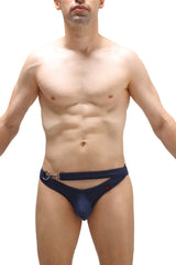 Navy blue men’s thong swim bikini Griede recycled with metallic waistband ring and small red logo on the side