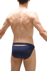 Navy blue recycled swim bikini griede swim trunks showing back cutout detail for sustainable swimwear use