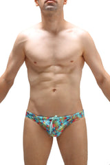 Swim bikini taik canot brightly colored tropical leaf-patterned swim trunks with light blue drawstring for beachwear