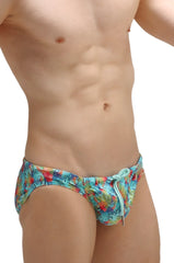 Swim bikini taik canot vibrant tropical print swim trunks in turquoise red and green with light blue drawstring