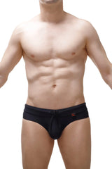 Black swim brief mimet recycled with drawstring waistband and small red logo on the side for swimming use