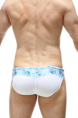 White swim trunks with a blue wave-patterned waistband from petitq swim bikini lecci tartane with pad