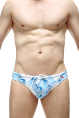 Blue and white patterned swim trunks with wave design from PetitQ swim bikini Lecci Tartane with pad
