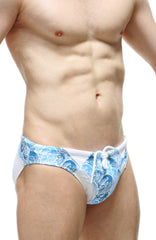 Blue and white patterned swim trunks with wave design from petitq swim bikini lecci tartane with pad