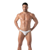 White swim chain brief in athletic style with a sleek minimalist design and subtle side fastenings for swimming