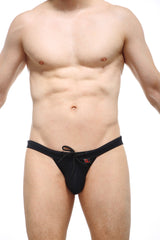 PetitQ swim jockstrap recycled black with black drawstring waistband and small red logo on the side