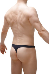 Black swim thong made from recycled fabric shown from the back side designed for sustainable swimwear use