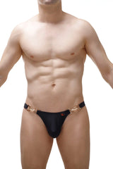 Black men’s swim thong conguel recycled black with gold-tone metal hardware and small red logo on the front